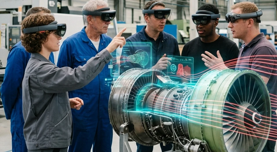 Engineers in mixed-reality headsets reviewing a jet engine together