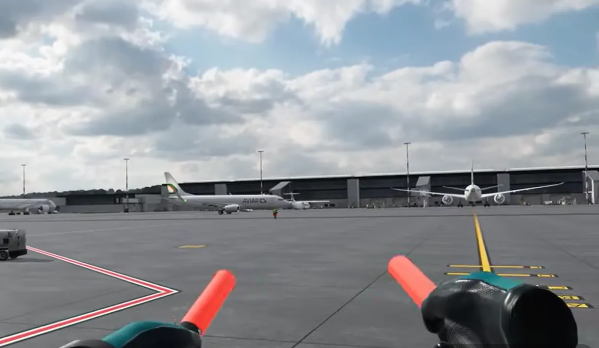 First-person VR aircraft marshalling on an apron