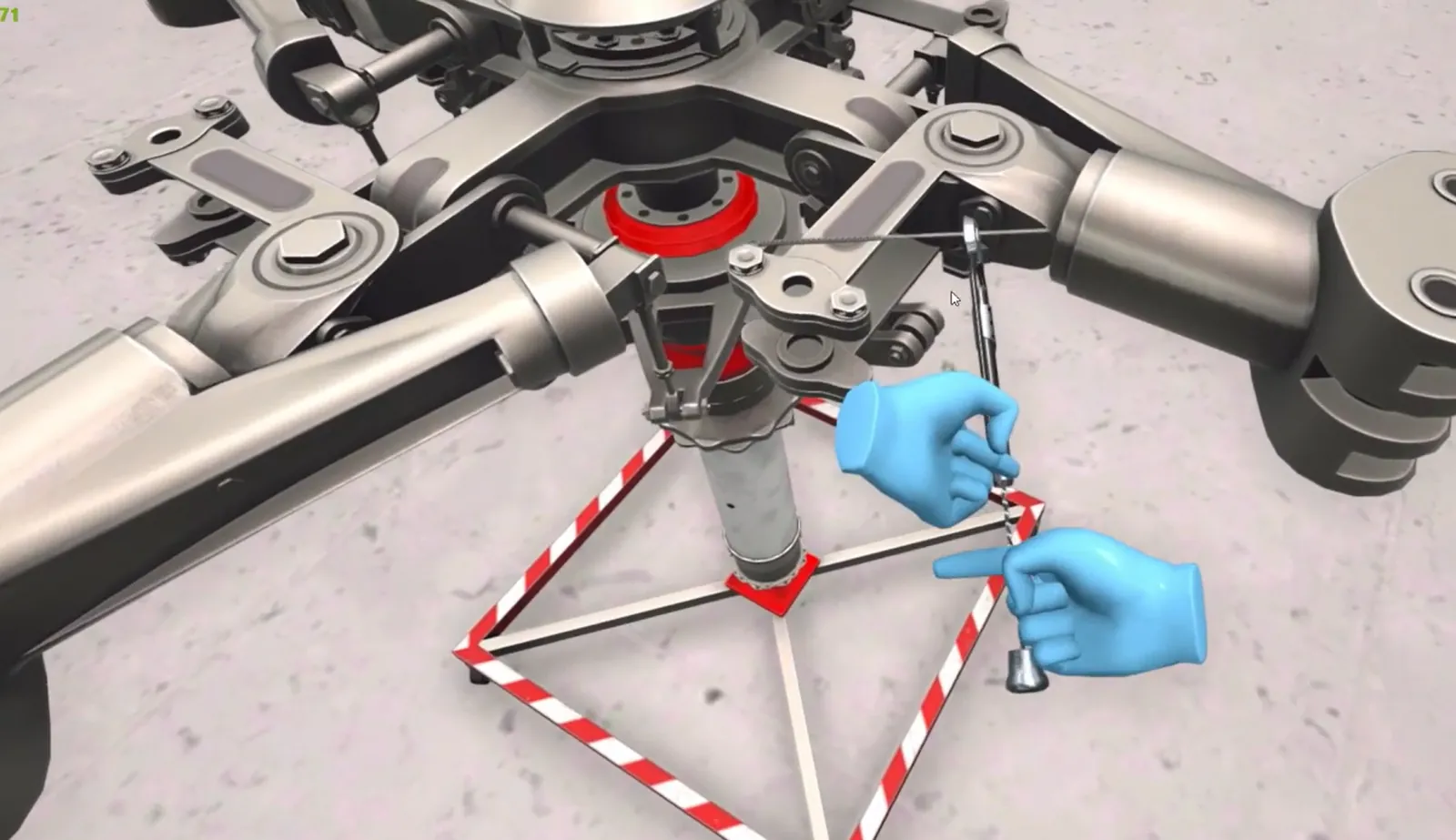 First-person VR view of a rotor-head maintenance task with tool in hand