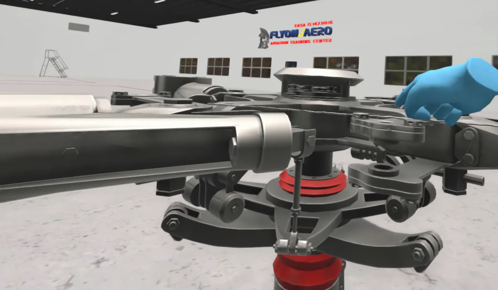 VR aircraft maintenance training on a helicopter rotor head