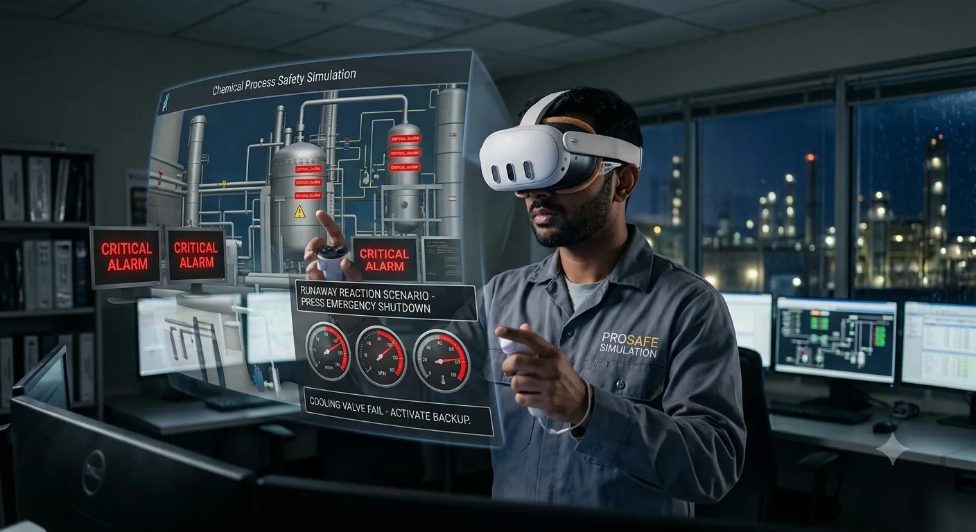 Chemical process safety VR simulation with a runaway-reaction alarm and emergency shutdown
