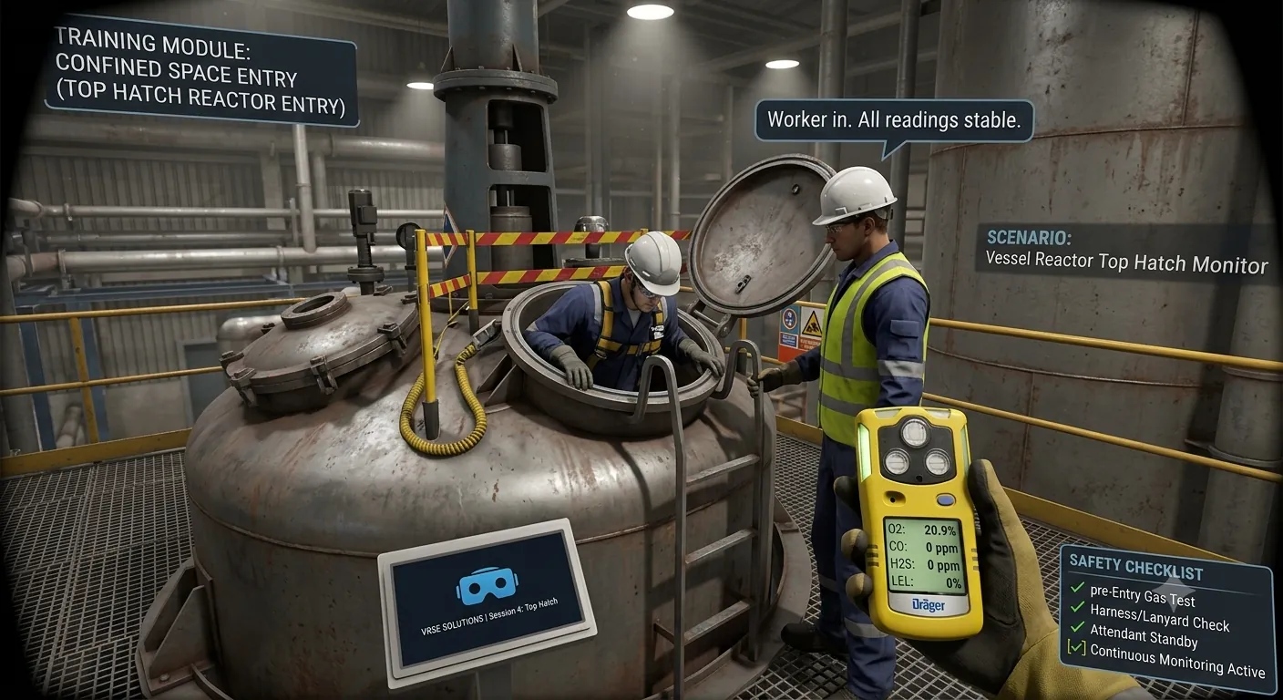 Confined space entry VR module with gas detector monitoring at a reactor top hatch