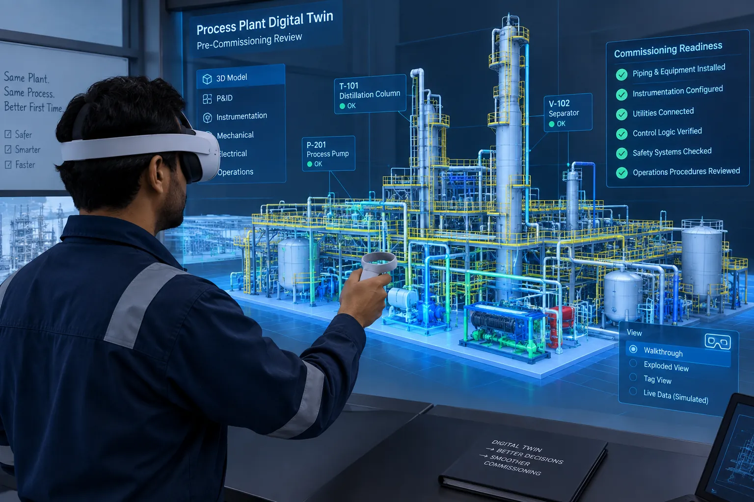 Engineer reviewing a process plant digital twin in VR