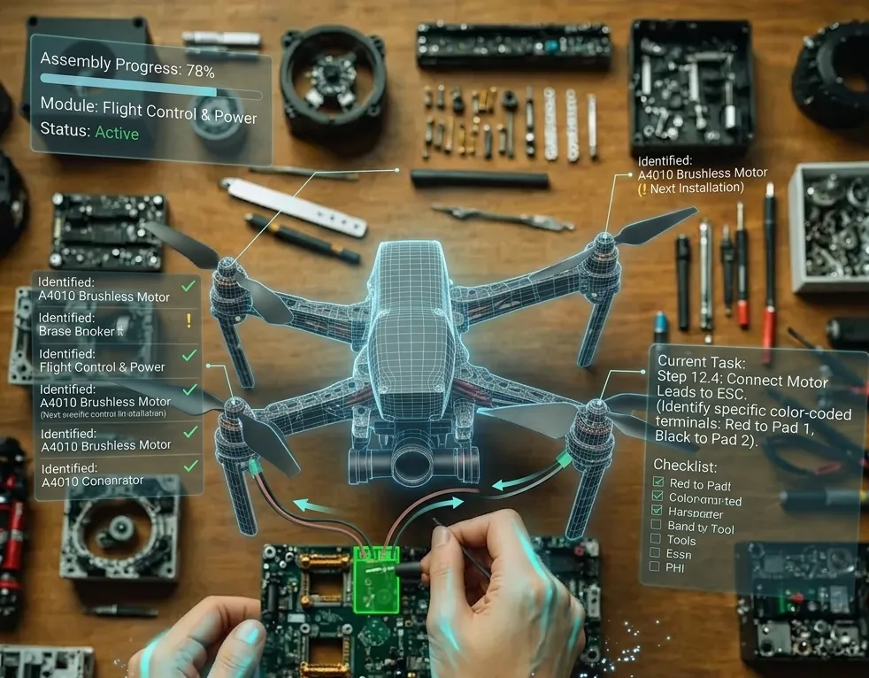 Mixed-reality drone assembly with step-by-step part identification overlays on a workbench