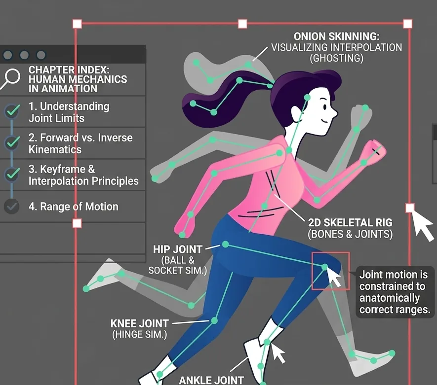 2D animation chapter on human mechanics with skeletal rig, joints and onion-skinning explained