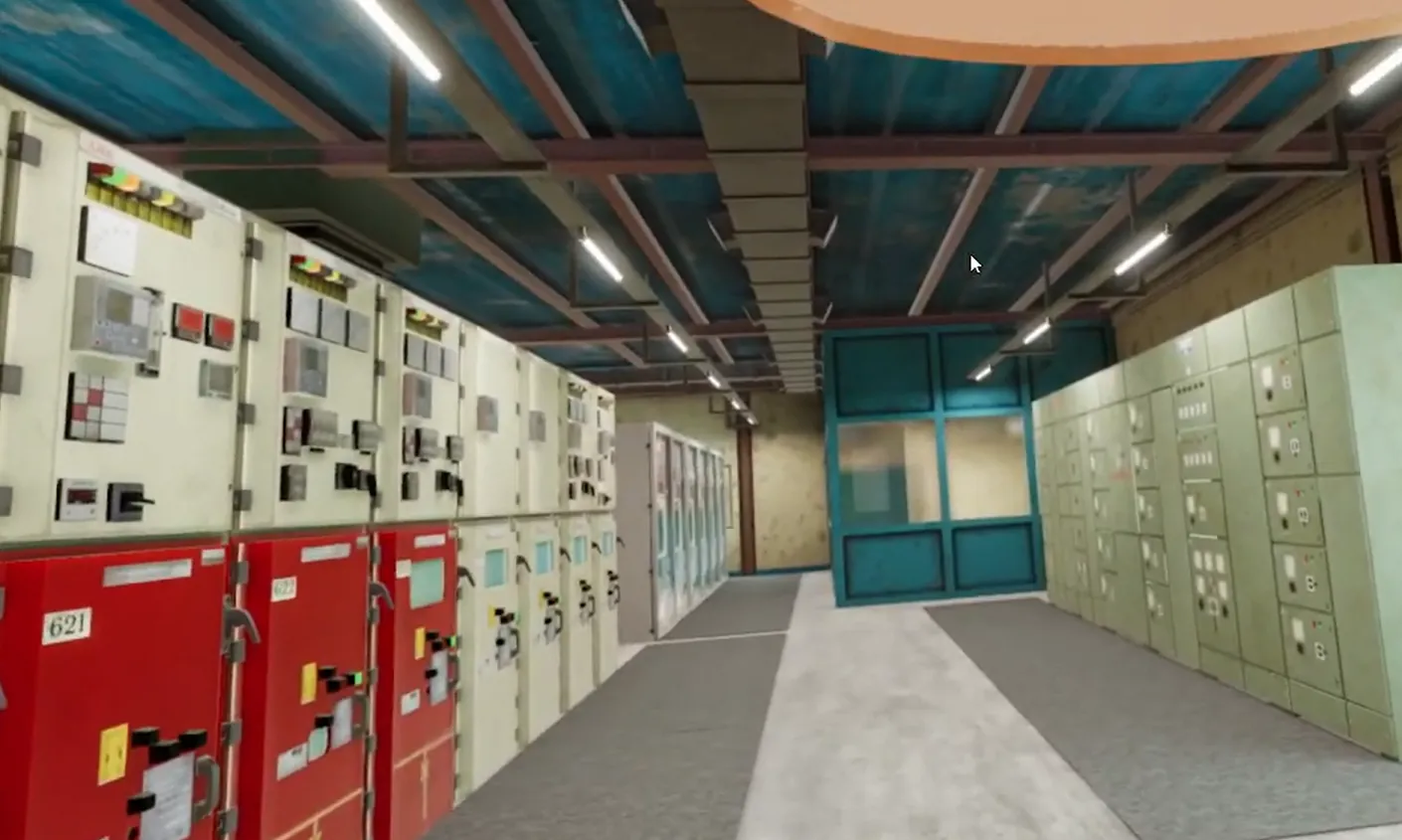 VR view of an indoor switchgear room used for safe-switching practice