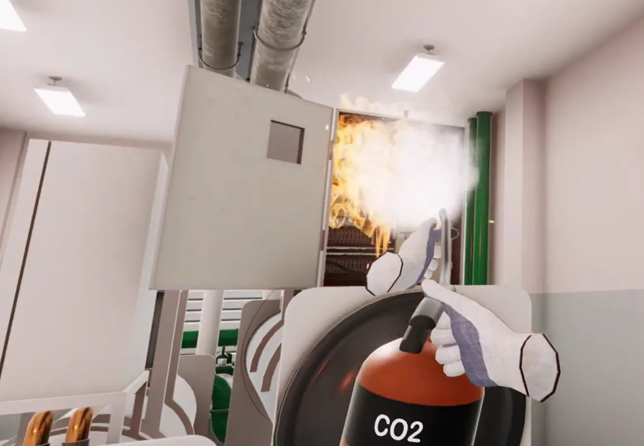 First-person view of a CO2 extinguisher being used on an electrical panel fire in VR
