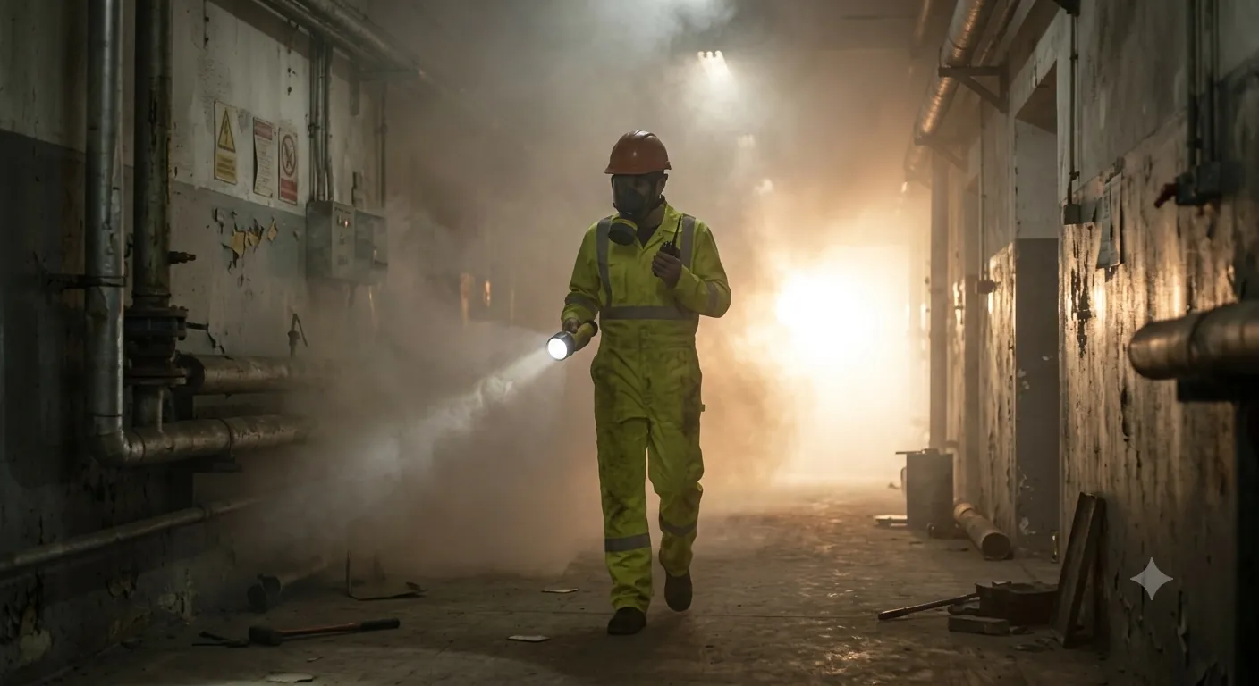 Trainee moving through a smoke-filled corridor in the VR fire safety module