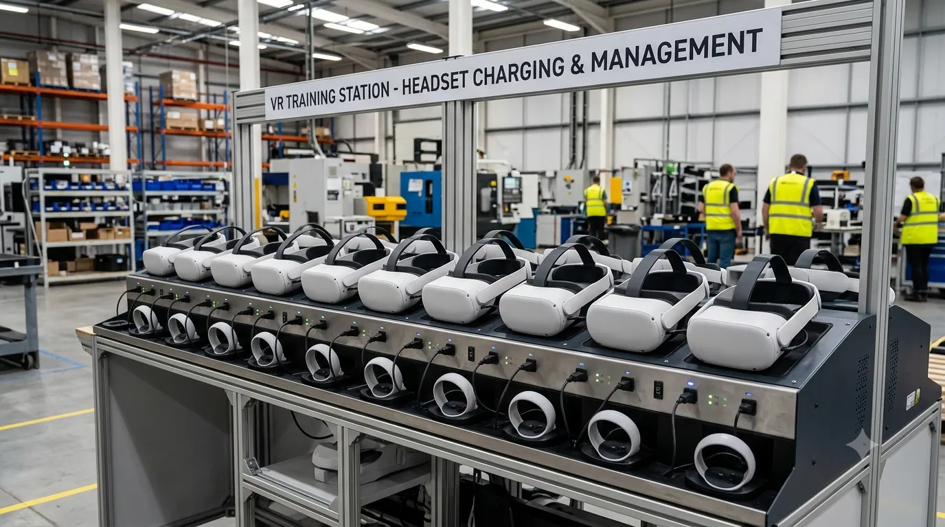 VR training station with a rack of Meta Quest headsets charging on a factory floor