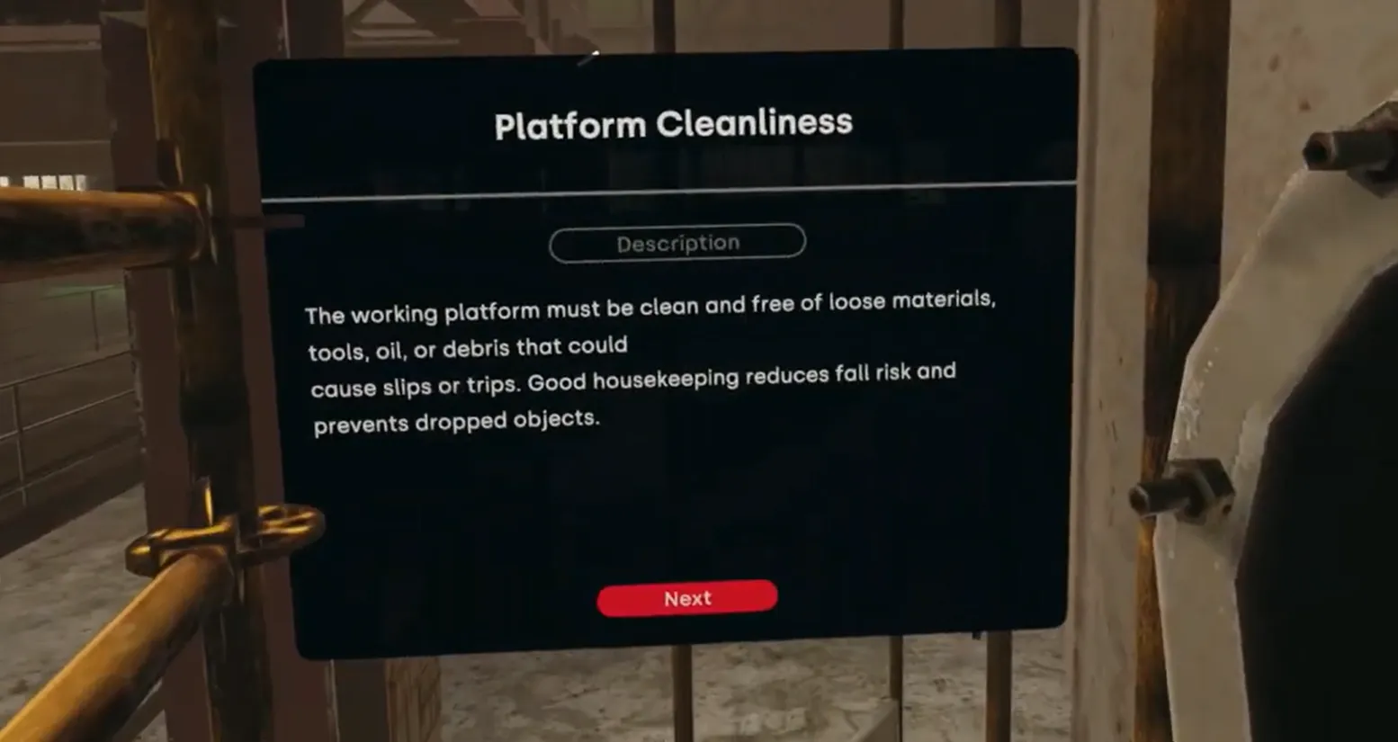 Slip, trip and fall VR module showing a platform cleanliness rule