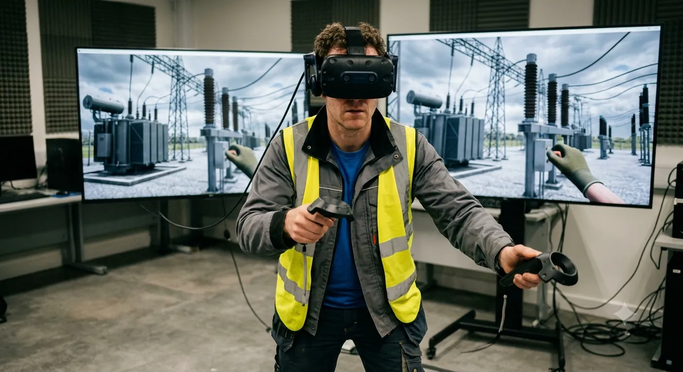 Trainee in a VR headset working in a simulated high-voltage substation