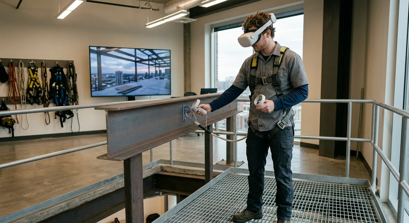 Trainee clipping a harness to an anchor point on a steel beam in VR